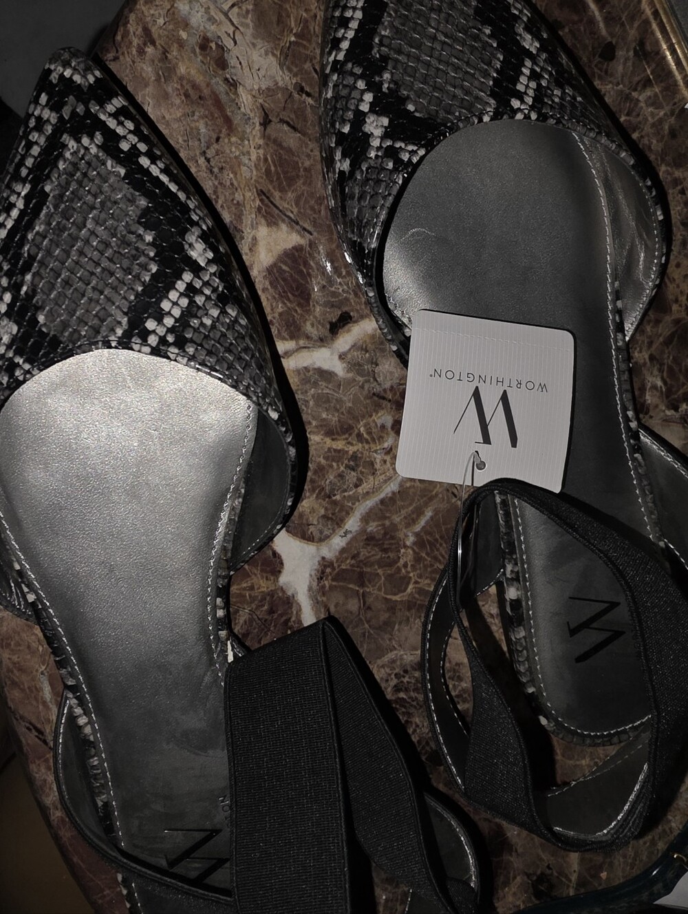 Worthington Women’s Snake-Print Pointed Toe Flats in Black and Gray